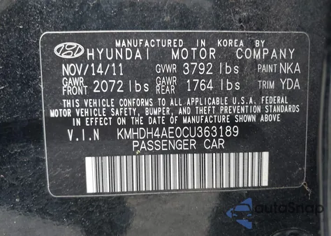 2012 Hyundai Elantra Gls (Ulsan Plant) z USA, uszkodzony, nr VIN KMHDH4AE0CU363189